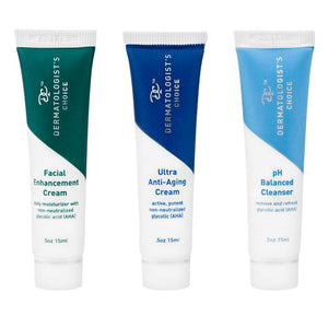 Three skincare tubes labeled Facial Enhancement Cream, Ultra Anti-Aging Cream, and pH Balanced Cleanser, displayed as part of the 60 Seconds to Glow Travel Skincare Kit | Dermatologist's Choice.