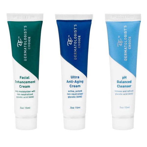 Three skincare tubes labeled Facial Enhancement Cream, Ultra Anti-Aging Cream, and pH Balanced Cleanser, displayed as part of the 60 Seconds to Glow Travel Skincare Kit | Dermatologist's Choice.
