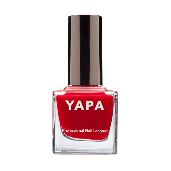 My Valentine Nail Lacquer | YAPA in a vibrant red shade, presented in a clear square glass bottle with a sleek black cap, ideal for professional nail care.