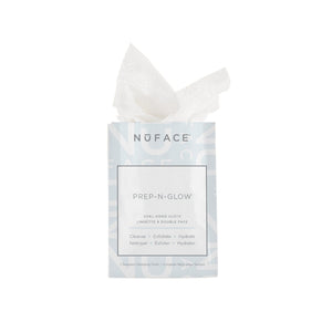 Prep-N-Glow® | NuFACE dual-sided cloth standing upright with one sheet partially pulled out, designed for cleansing, exfoliating, and hydrating the skin in daily skincare routines.