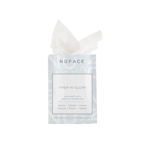 Prep-N-Glow® | NuFACE dual-sided cloth standing upright with one sheet partially pulled out, designed for cleansing, exfoliating, and hydrating the skin in daily skincare routines.