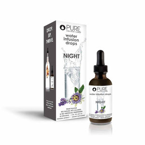 Bottle and packaging of Night Water Infusion Drops | Pure Inventions with pear flavor and natural extract for skincare and wellness supplements.