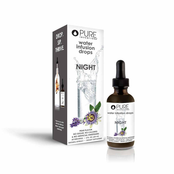 Bottle and packaging of Night Water Infusion Drops | Pure Inventions with pear flavor and natural extract for skincare and wellness supplements.