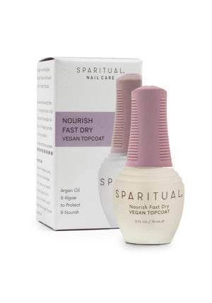 Bottle and box of Nourish Fast Dry Vegan Topcoat | Sparitual nail care product with argan oil and algae for protecting and nourishing nails.