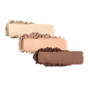 Three swatches of neutral beige, peach, and brown powdered eye shadow makeup arranged side by side, representing Purepressed Eye Shadow Triple | Jane Iredale.