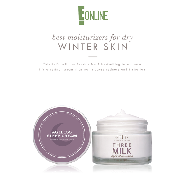 Three Milk Ageless Sleep Cream with Peptides | Farmhouse Fresh in an open jar with creamy texture, featured as a top moisturizer for dry winter skin by Eonline.