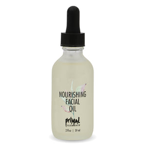 Clear glass bottle of Nourishing Facial Oil | Primal Elements with a black dropper cap, featuring simple leaf design and soft neutral tones for skincare and wellness.