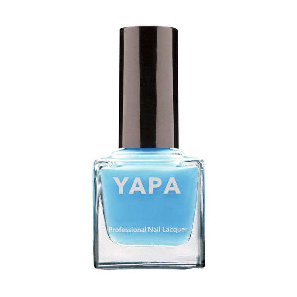 Bottle of Poppy Nail Lacquer | YAPA in a vibrant sky blue shade with a sleek black cap, designed for professional nail care and manicure use.