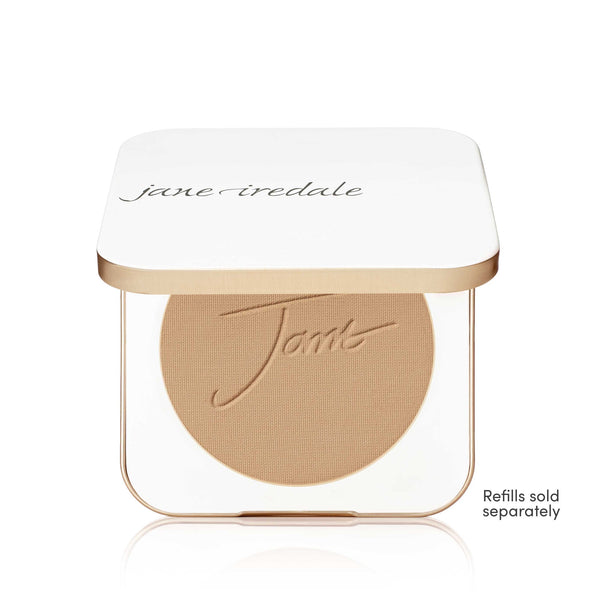 White compact case with gold trim featuring pressed powder with the name Jane Iredale embossed, shown with the lid open, Refillable Compact | Jane Iredale.