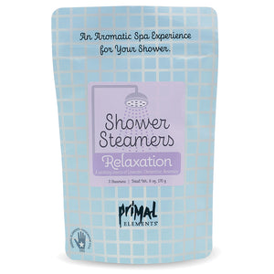 Package of Relaxation Shower Steamer | Primal Elements in light blue with lavender scent, promoting an aromatic spa experience for shower skincare and wellness.
