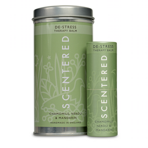 De-Stress Therapy Balm | Scentered in green packaging with chamomile, neroli, and mandarin, designed for skincare and wellness, shown in a tin and stick form.