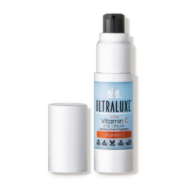 Ultra Vitamin C Eye Cream | Ultraluxe Skincare in a white and blue pump bottle with the cap removed, designed for skincare to lighten, firm, and hydrate the delicate eye area.