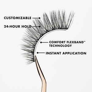 Close-up of a single eyelash held by tweezers, highlighting features like customizable fit, 24-hour hold, comfort flexband technology, and instant application for Lashies™ - Lovely - On The Go | Moxielash.
