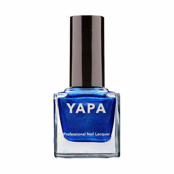 Bottle of Serena Nail Lacquer | YAPA in metallic blue shade with sleek black cap, designed for professional nail care and vibrant color finish.