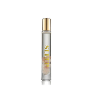 Sleep Essential Oil Rollerball | Aluminate Life in a clear glass bottle with gold cap, containing a transparent liquid and rose quartz crystals inside, designed for wellness and relaxation.