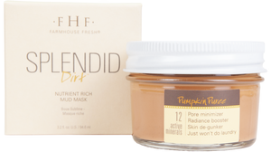 Splendid Dirt® Nutrient Mud Mask with Organic Pumpkin Puree | Farmhouse Fresh in a glass jar with white lid and beige packaging, highlighting skincare benefits like pore minimizing and radiance boosting.