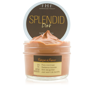 Splendid Dirt® Nutrient Mud Mask with Organic Pumpkin Puree | Farmhouse Fresh in an open jar showing rich, creamy orange mud mask texture, highlighting skincare benefits like pore minimizer and radiance booster.