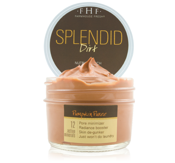 Splendid Dirt® Nutrient Mud Mask with Organic Pumpkin Puree | Farmhouse Fresh in an open jar showing rich, creamy orange mud mask texture, highlighting skincare benefits like pore minimizer and radiance booster.