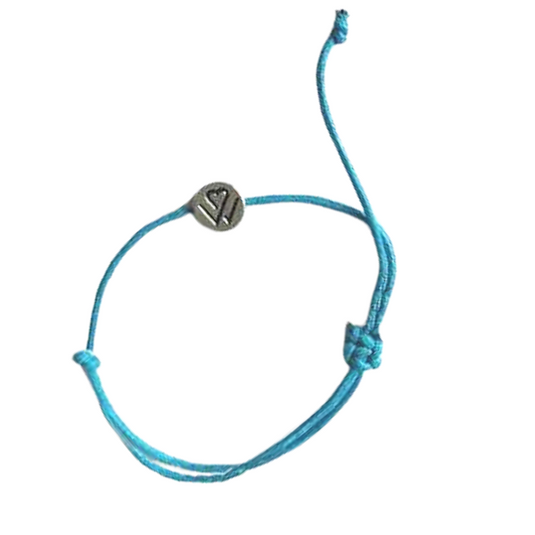 Light blue adjustable string bracelet with a small silver heart charm, promoting a sense of calm and balance, String Bracelet | Wellness Month.