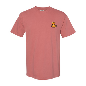 Pinkish-cumin colored short-sleeve tee featuring a small meditating fox graphic on the chest, designed for comfort and casual style in the Meditating Fox Comfy Tee | Lucky Owl.