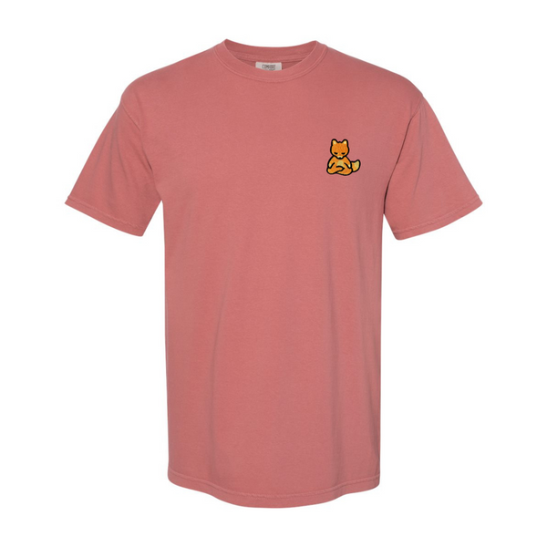 Pinkish-cumin colored short-sleeve tee featuring a small meditating fox graphic on the chest, designed for comfort and casual style in the Meditating Fox Comfy Tee | Lucky Owl.