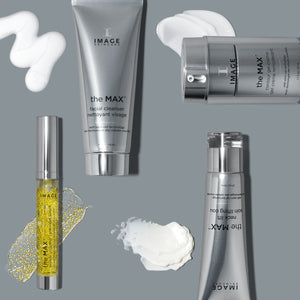 the MAX™ facial cleanser | IMAGE Skincare displayed with varying skincare textures on a gray background, highlighting premium skincare and wellness supplements.