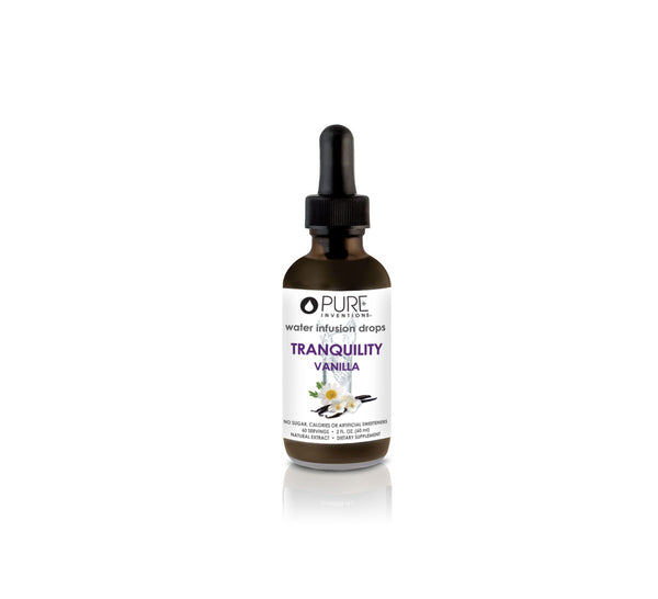 Tranquility Vanilla Water Infusion Drops | Pure Inventions in a dark glass dropper bottle, designed for enhancing wellness and hydration with natural vanilla essence.