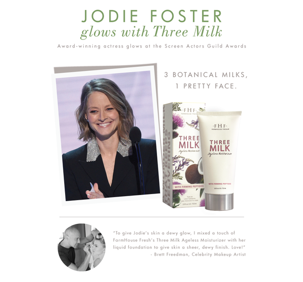 Promotional image featuring a portrait of Jodie Foster with text highlighting her glow, alongside the Three Milk Ageless Sleep Cream with Peptides | Farmhouse Fresh packaging, emphasizing skincare and natural botanical milks.