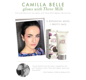 Promotional image featuring Three Milk Ageless Sleep Cream with Peptides | Farmhouse Fresh alongside a portrait of a woman with glowing skin, highlighting skincare benefits with botanical ingredients.