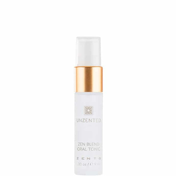 Small clear spray bottle with a gold band labeled Zen Blend Oral Tonic | Zents for wellness and body care supplements.