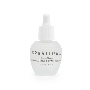 A clear dropper bottle of Cuti-Clean Vegan Cuticle & Stain Remover | Sparitual designed for skincare and nail care routines.