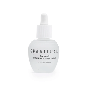Clear frosted glass bottle with white dropper cap containing Farewell Vegan Nail Treatment | Sparitual, designed for nail care and wellness.