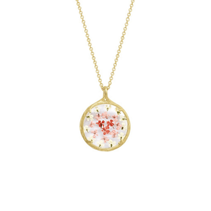Small Ombre Botanical Necklace | Catherine Weitzman Jewelry features delicate pink and white flowers preserved in a round gold pendant on a fine gold chain.