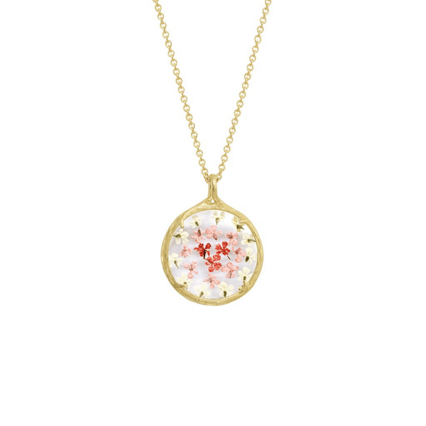 Small Ombre Botanical Necklace | Catherine Weitzman Jewelry features delicate pink and white flowers preserved in a round gold pendant on a fine gold chain.