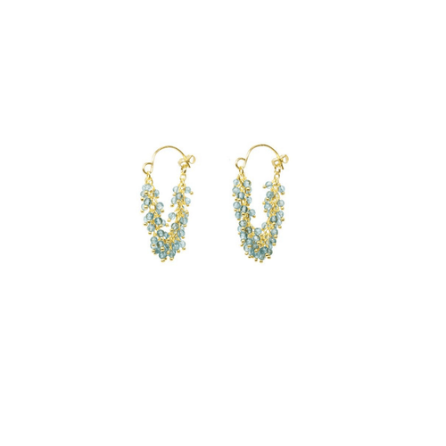 Fringe Hoop Earrings | Catherine Weitzman Jewelry featuring delicate gold hoops adorned with cascading light blue beads, offering an elegant and stylish accessory.