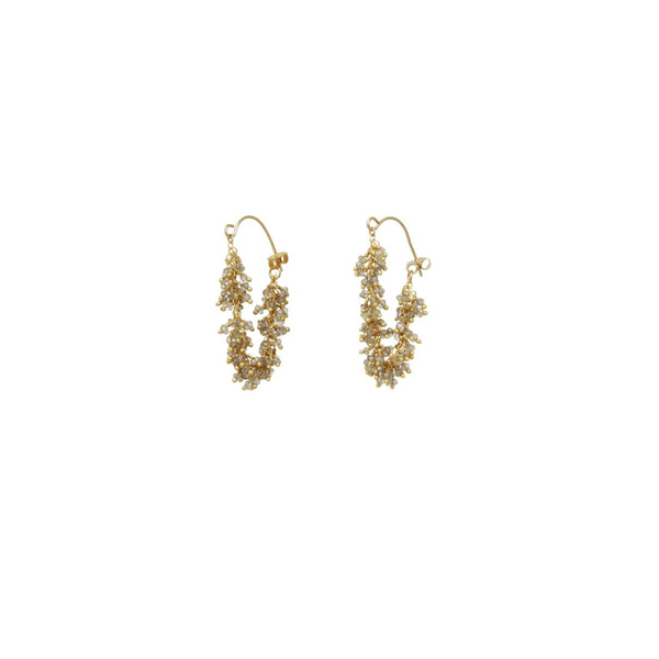 Delicate gold-tone hoops adorned with clustered fringe beads for a textured, elegant look in Fringe Hoop Earrings | Catherine Weitzman Jewelry.