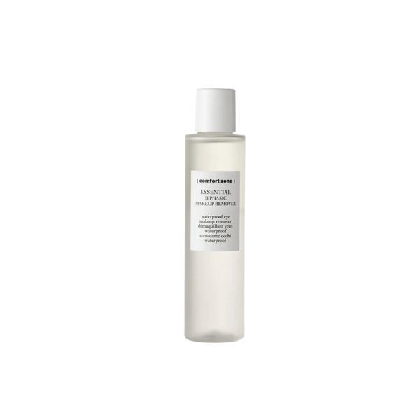 Clear bottle of Essential Biphasic Makeup Remover | [ comfort zone ] with white cap and minimalistic label, designed for effective and gentle skincare makeup removal.