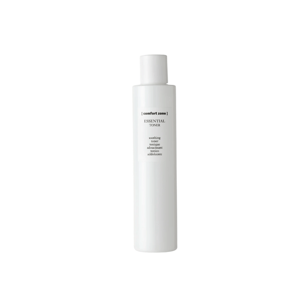 Minimalist white bottle of Essential Toner | [ comfort zone ] skincare product, designed for soothing and toner use in wellness and body care routines.