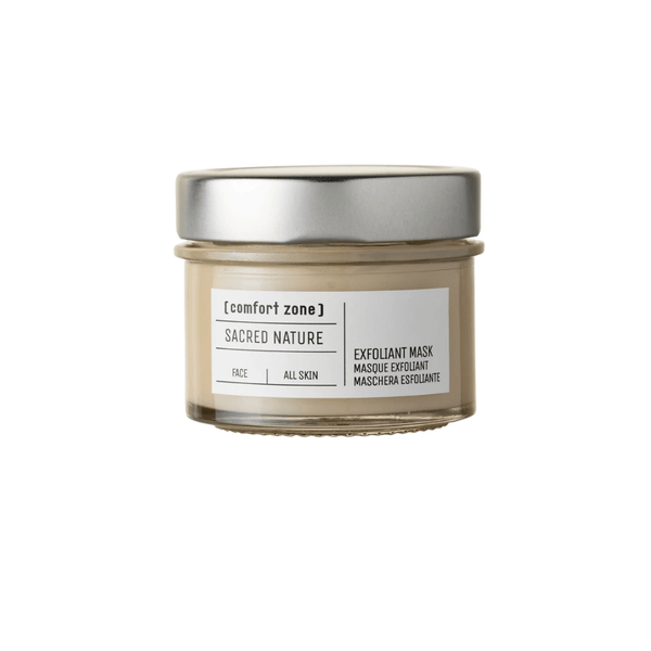 Jar of Sacred Nature Exfoliant Mask | [ comfort zone ] with beige creamy skincare product inside and silver lid, designed for face and all skin types.