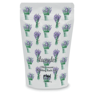 Packaging of Lavender Bubbling Bath Salts | Primal Elements featuring illustrations of lavender bunches and potted lavender plants, designed for skincare and wellness.