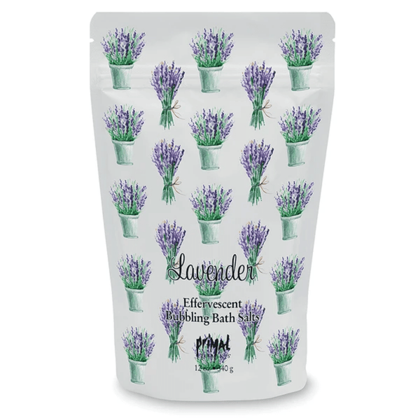 Packaging of Lavender Bubbling Bath Salts | Primal Elements featuring illustrations of lavender bunches and potted lavender plants, designed for skincare and wellness.