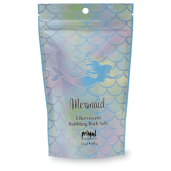 Packaging of Mermaid Bubbling Bath Salts | Primal Elements featuring a colorful mermaid scale pattern and a mermaid silhouette, designed for body care and skincare wellness.
