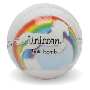 Round bath bomb with a colorful rainbow and white unicorn design on the packaging labeled Unicorn Bath Bombs | Primal Elements for a whimsical skincare experience.