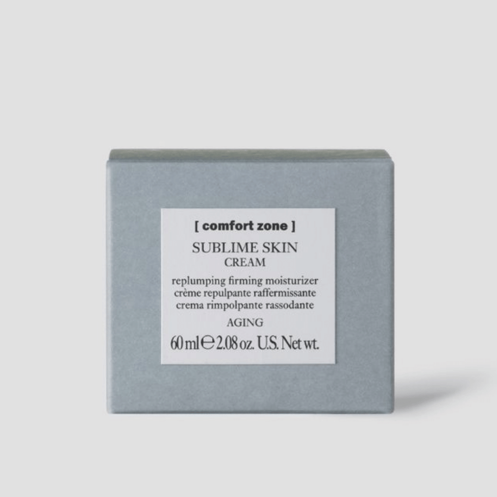 Jar of Sublime Skin Cream | [ comfort zone ] moisturizing skincare product in a soft blue container with white lid for firming and replenishing skin.