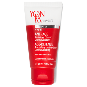 Tube of Men’s Age Defense – Ultra-Hydrating, Line Prevention Cream I Yon-Ka Paris in red and white packaging for skincare and anti-wrinkle hydration.