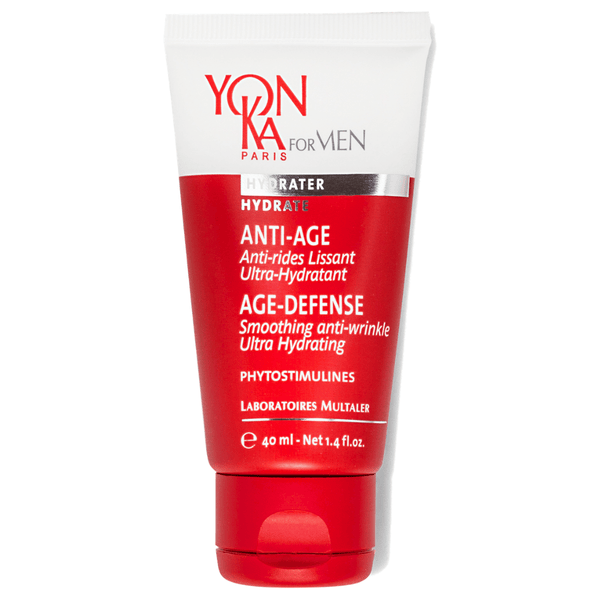 Tube of Men’s Age Defense – Ultra-Hydrating, Line Prevention Cream I Yon-Ka Paris in red and white packaging for skincare and anti-wrinkle hydration.