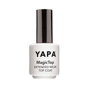 White bottle of MagicTop Topcoat | YAPA with black cap, designed for extended wear nail protection and glossy finish.