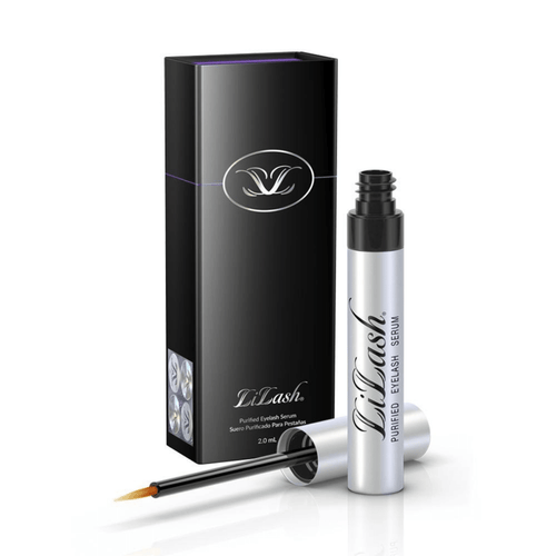 LiLash Purified Eyelash Serum (3 & 6 Month Supply) | LiLash Beauty in a sleek silver tube with black and white packaging, featuring an applicator brush for eyelash enhancement.