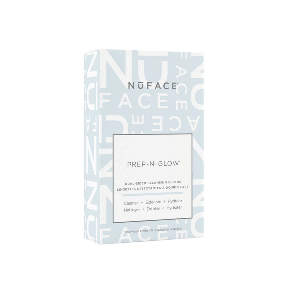 Box of Prep-N-Glow® | NuFACE dual-sided cleansing cloths for skincare, designed to cleanse, exfoliate, and hydrate the face with a light blue and white design.