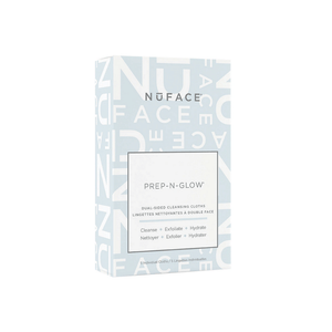 Box of Prep-N-Glow® | NuFACE dual-sided cleansing cloths for skincare, designed to cleanse, exfoliate, and hydrate the face with a light blue and white design.